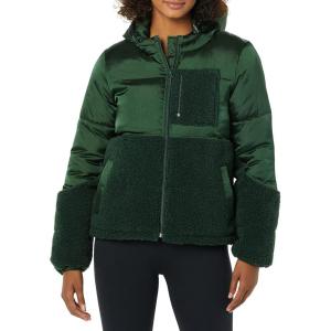 imageAmazon Essentials Womens FullZip Sherpa Fleece Hooded Puffer JacketDark Green Shiny