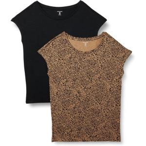 imageAmazon Essentials Womens Jersey RegularFit ShortSleeve BoatNeck TShirt Pack of 2BlackBrown Cheetah