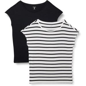 imageAmazon Essentials Womens Jersey RegularFit ShortSleeve BoatNeck TShirt Pack of 2BlackWhite French Stripe