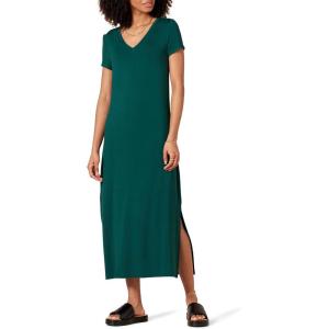 imageAmazon Essentials Womens Jersey VNeck Short Sleeve Midi Length DressDark Green