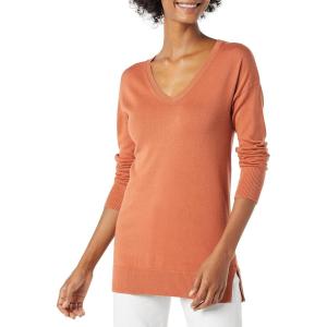 imageAmazon Essentials Womens Lightweight LongSleeve VNeck Tunic Sweater Available in Plus SizeCaramel