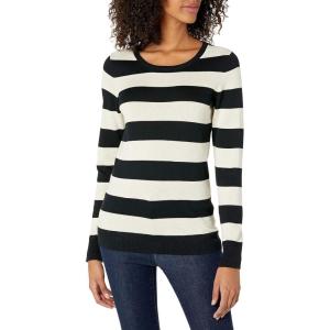 imageAmazon Essentials Womens LongSleeve Lightweight Crewneck Sweater Available in Plus SizeBlack Oatmeal Heather Rugby Stripe