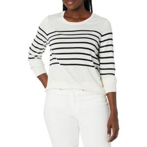 imageAmazon Essentials Womens LongSleeve Lightweight Crewneck Sweater Available in Plus SizeBlack White Placed Stripe