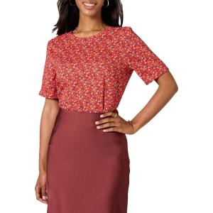 imageAmazon Essentials Womens RegularFit Georgette Short Sleeve TopTomato Red Ditsy Floral
