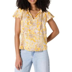 imageAmazon Essentials Womens RelaxedFit Cotton Sateen Flutter Sleeve BlouseGolden Yellow Multi Folk Floral
