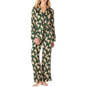 imageAmazon Essentials Womens Satin Pajama Shirt and Pants SetDark Green Beige Zebra