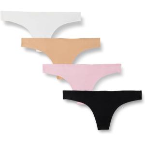 imageAmazon Essentials Womens Seamless Breathable Underwear for Women Thong Bonded Stretch Pack of 4BlackCamelLight PinkWhite
