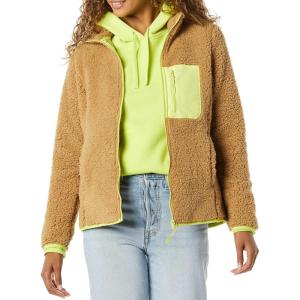 imageAmazon Essentials Womens Sherpa LongSleeve Mock Neck FullZip Jacket with Woven Trim Available in Plus SizeCamel Neon Yellow Color Block