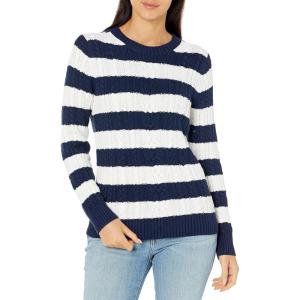 imageAmazon Essentials Womens Soft Fisherman Cable LongSleeve Crewneck Sweater Available in Plus SizeNavy White Rugby Stripe
