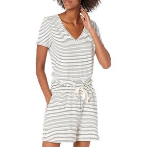 imageAmazon Essentials Womens Supersoft Terry ShortSleeve VNeck Romper Previously Daily RitualBlack White Thin Stripe