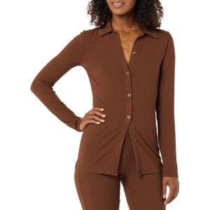 imageAmazon Essentials Womens Wide Rib Long Sleeve Buttonup Collared Cardigan Pants Sold SeparatelyChocolate