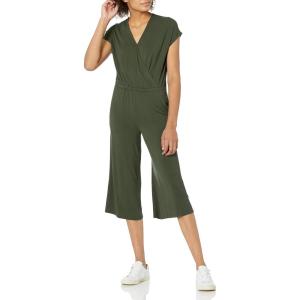 imageAmazon Essentials womens ShortSleeve Surplice Cropped WideLeg Jumpsuit with Elastic WaistDark Olive