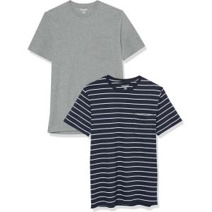 imageAmazon Essentials Mens TShirts ShortSleeve Crewneck Pocket Cotton 2PackGrey HeatherNavy Stripe