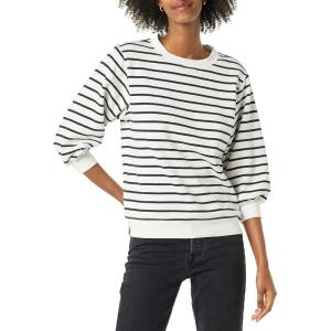 imageAmazon Essentials Womens French Terry Fleece Crewneck Sweatshirt with Sleeve DetailBlack White Stripe