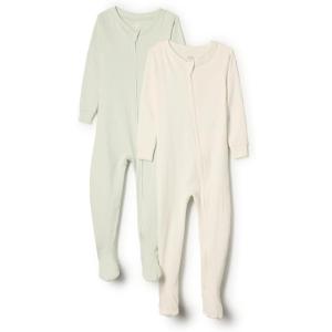 imageAmazon Essentials x Sofia Grainge Unisex Toddlers and Babies SnugFit Cotton Footed Pajamas Pack of 2IvoryPale Green