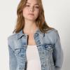 imageAmazon Essentials Womens RegularFit Low Stretch Denim ButtonFront Trucker JacketIced Light Wash