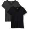 imageAmazon Essentials Womens Tech Stretch ShortSleeve VNeck TShirt Pack of 2BlackHeather Graphite