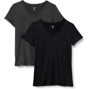 imageAmazon Essentials Womens Tech Stretch ShortSleeve VNeck TShirt Pack of 2BlackHeather Graphite