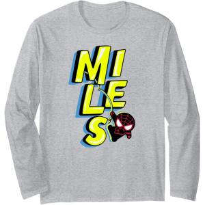 imageAmazon Essentials Marvel Miles Morales SpiderMan Bold Yellow Name Long Sleeve TShirtHeather Grey
