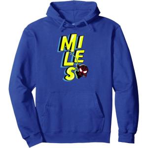imageAmazon Essentials Marvel Miles Morales SpiderMan Bold Yellow Name Pullover HoodieRoyal Blue