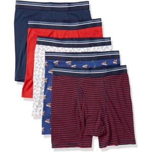 imageAmazon Essentials Mens Underwear Boxer Briefs Comfortable Cotton TagFree Pack of 5AnchorDog PrintMini Stripe