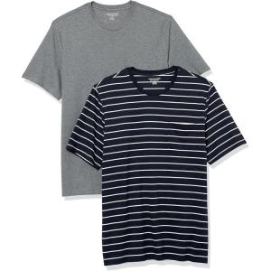 imageAmazon Essentials Mens TShirts RegularFit ShortSleeve Crewneck Pocket Pack of 2Grey HeatherNavy Stripe