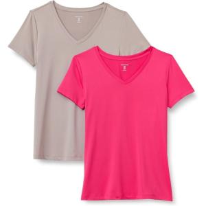 imageAmazon Essentials Womens Active Quick Dry Tech Stretch ShortSleeve VNeck TShirt Available in Plus Size Pack of 2BeigeHot Pink