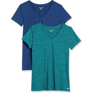 imageAmazon Essentials Womens Active Quick Dry Tech Stretch ShortSleeve VNeck TShirt Available in Plus Size Pack of 2BlueTeal Green Space Dye