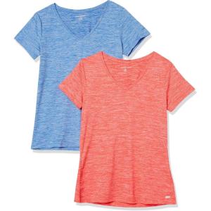 imageAmazon Essentials Womens Active Quick Dry Tech Stretch ShortSleeve VNeck TShirt Available in Plus Size Pack of 2Coral Orange Space DyeLight Blue Space Dye
