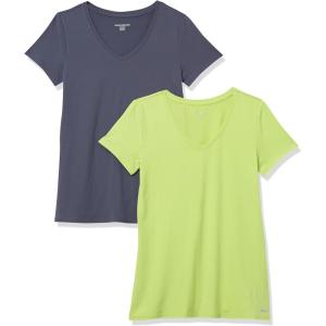 imageAmazon Essentials Womens Active Quick Dry Tech Stretch ShortSleeve VNeck TShirt Available in Plus Size Pack of 2Lime GreenSlate Grey