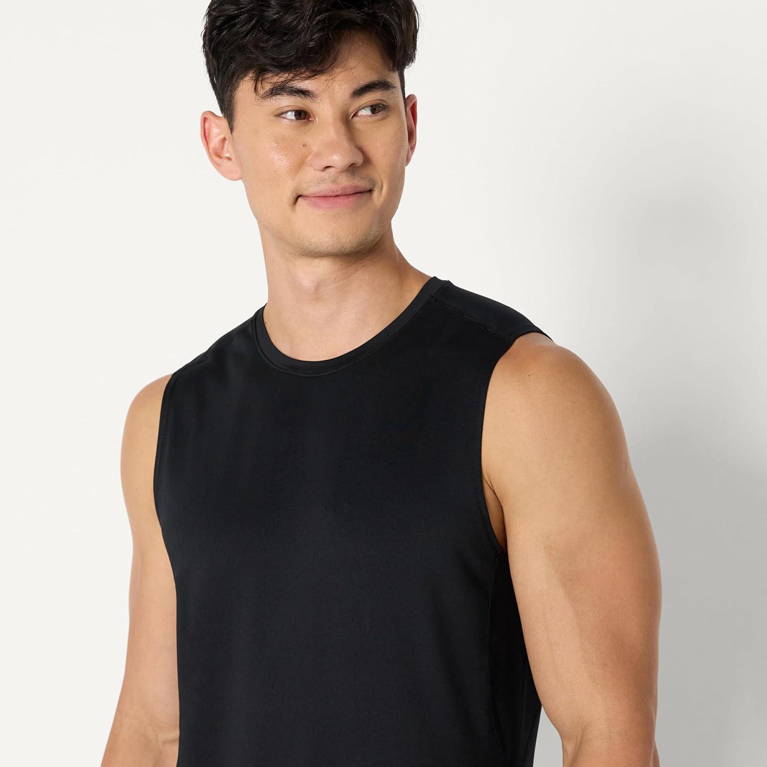 imageAmazon Essentials Mens Active Quick Dry Tech Stretch Lightweight Sleeveless Muscle Shirt MultipacksBlackHeather Graphite