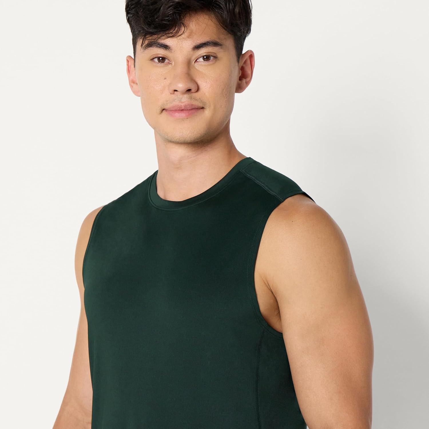 imageAmazon Essentials Mens Active Quick Dry Tech Stretch Lightweight Sleeveless Muscle Shirt MultipacksDark Green