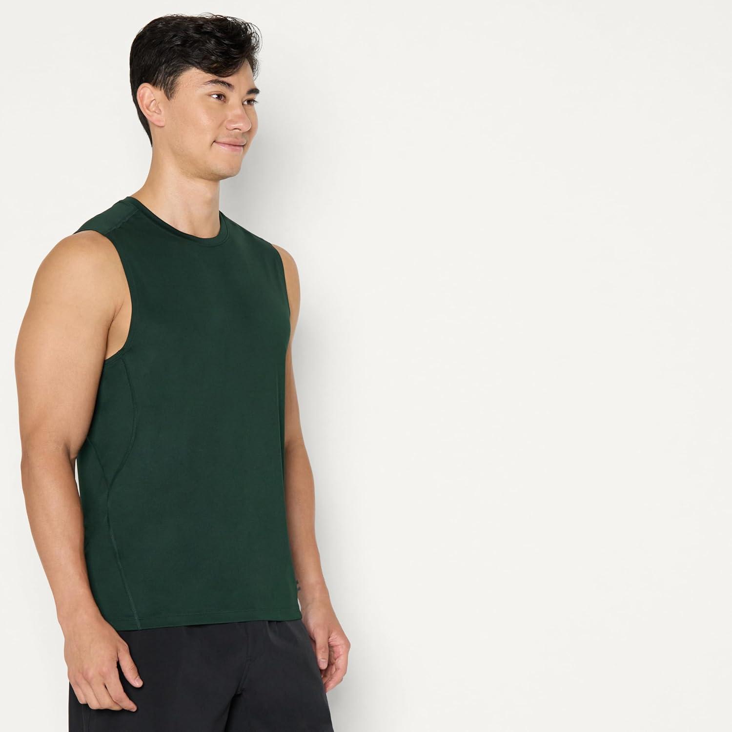 imageAmazon Essentials Mens Active Quick Dry Tech Stretch Lightweight Sleeveless Muscle Shirt MultipacksDark GreenHeather Graphite