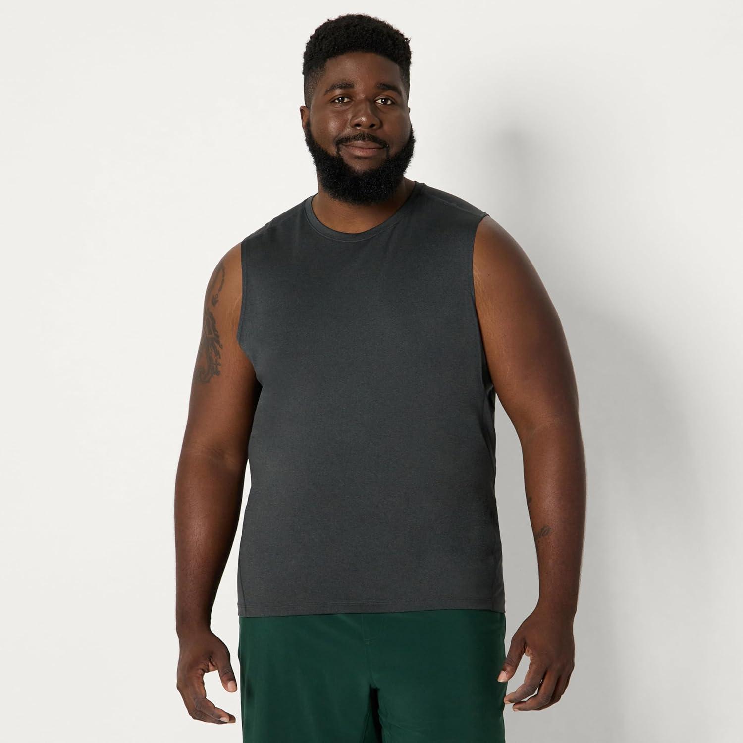 imageAmazon Essentials Mens Active Quick Dry Tech Stretch Lightweight Sleeveless Muscle Shirt MultipacksDark GreenHeather Graphite