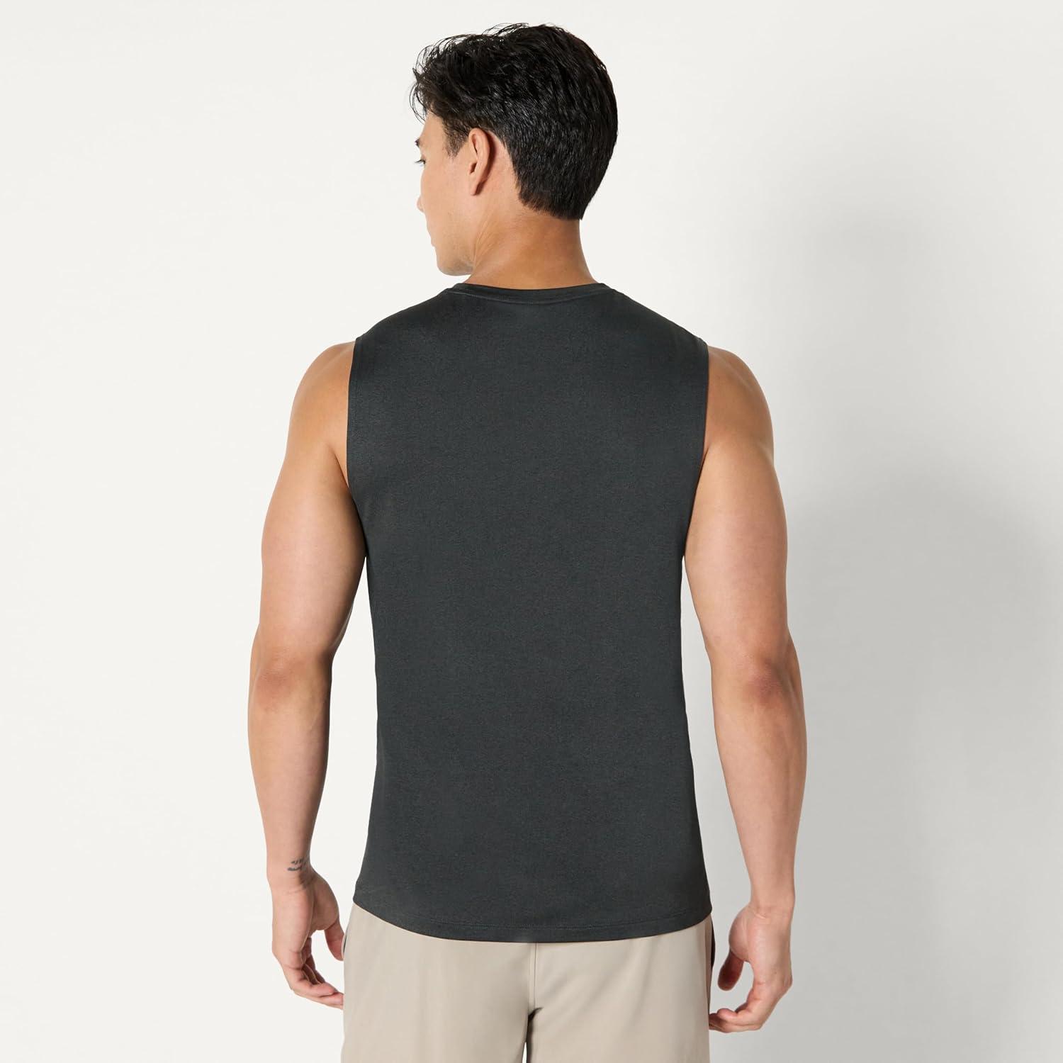 imageAmazon Essentials Mens Active Quick Dry Tech Stretch Lightweight Sleeveless Muscle Shirt MultipacksHeather GraphiteNavy