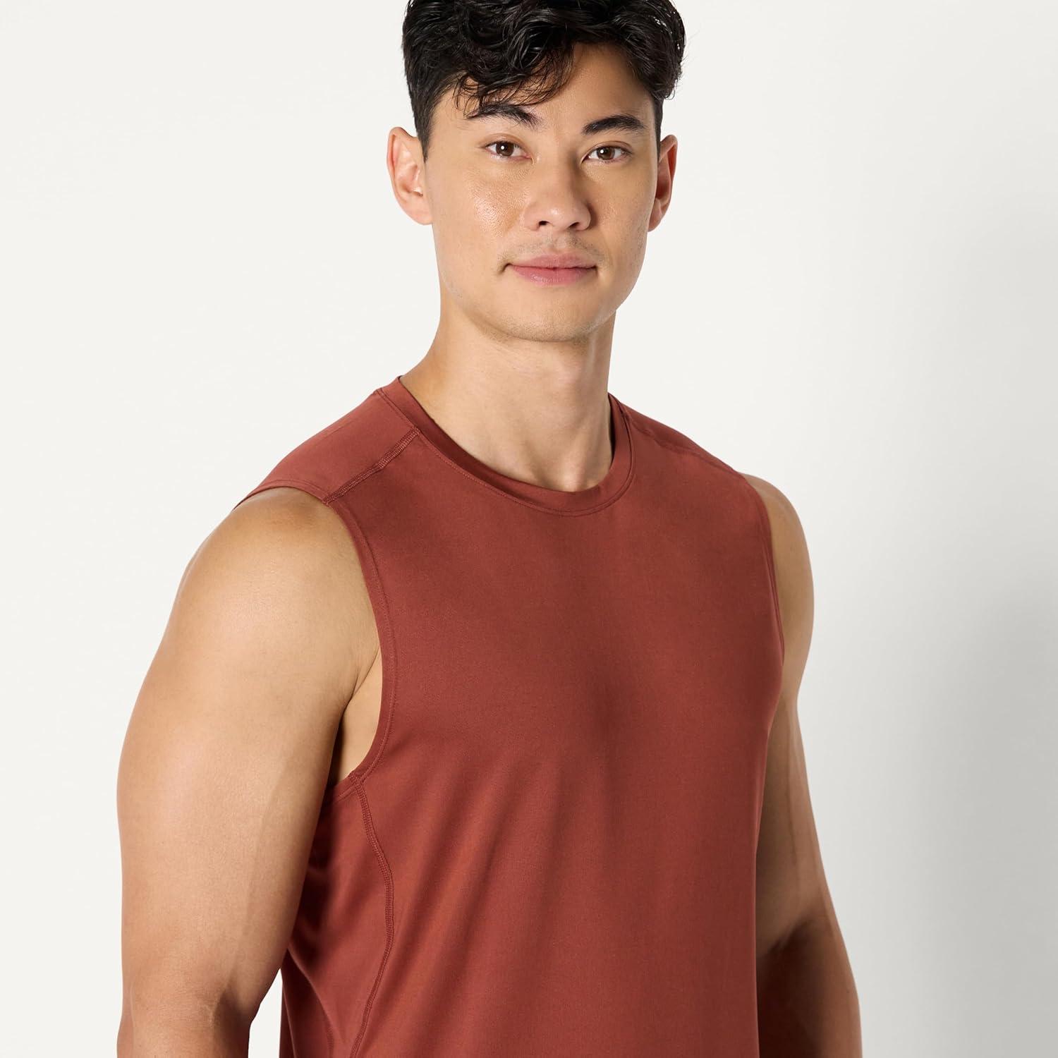 imageAmazon Essentials Mens Active Quick Dry Tech Stretch Lightweight Sleeveless Muscle Shirt MultipacksRich Chestnut Brown