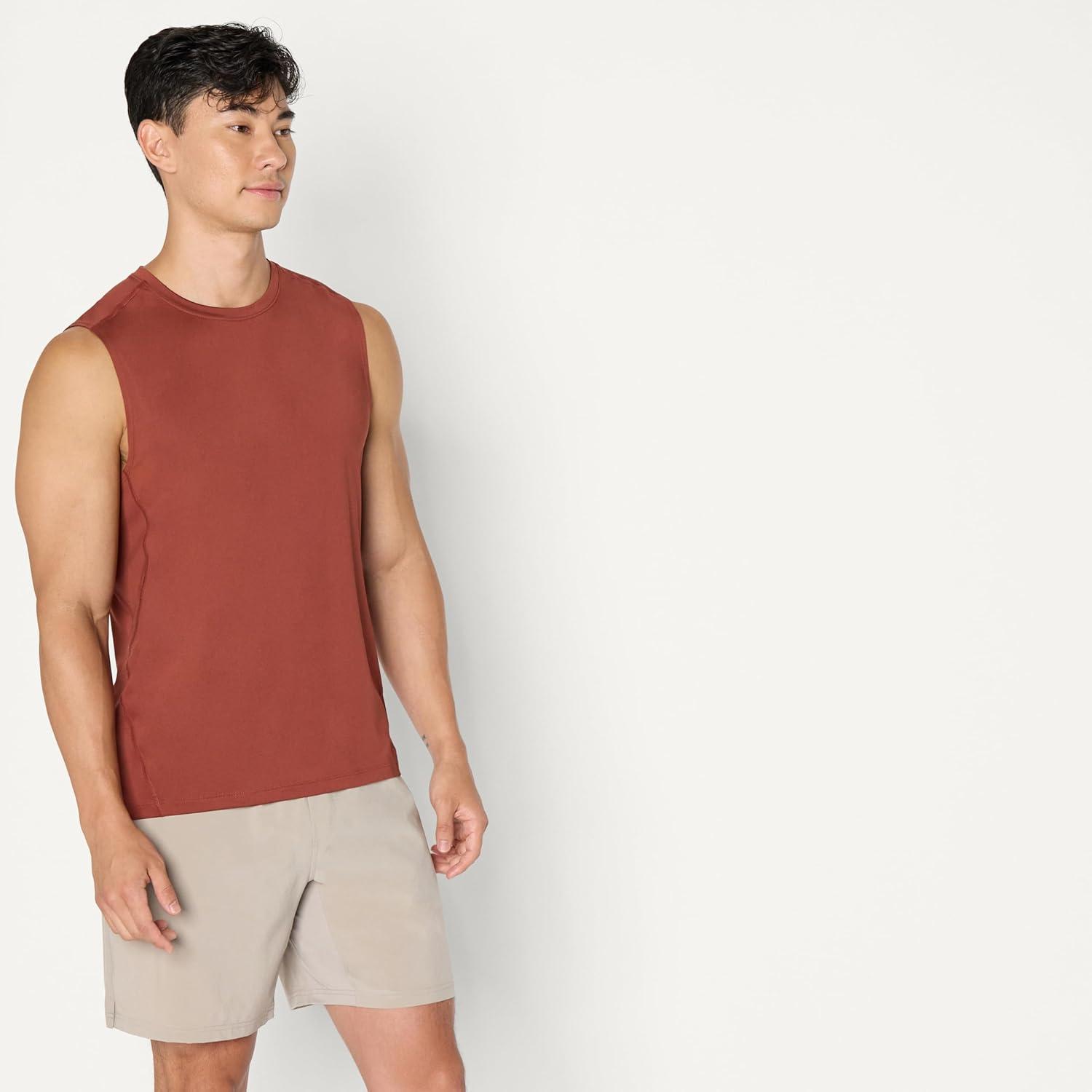 imageAmazon Essentials Mens Active Quick Dry Tech Stretch Lightweight Sleeveless Muscle Shirt MultipacksRich Chestnut Brown