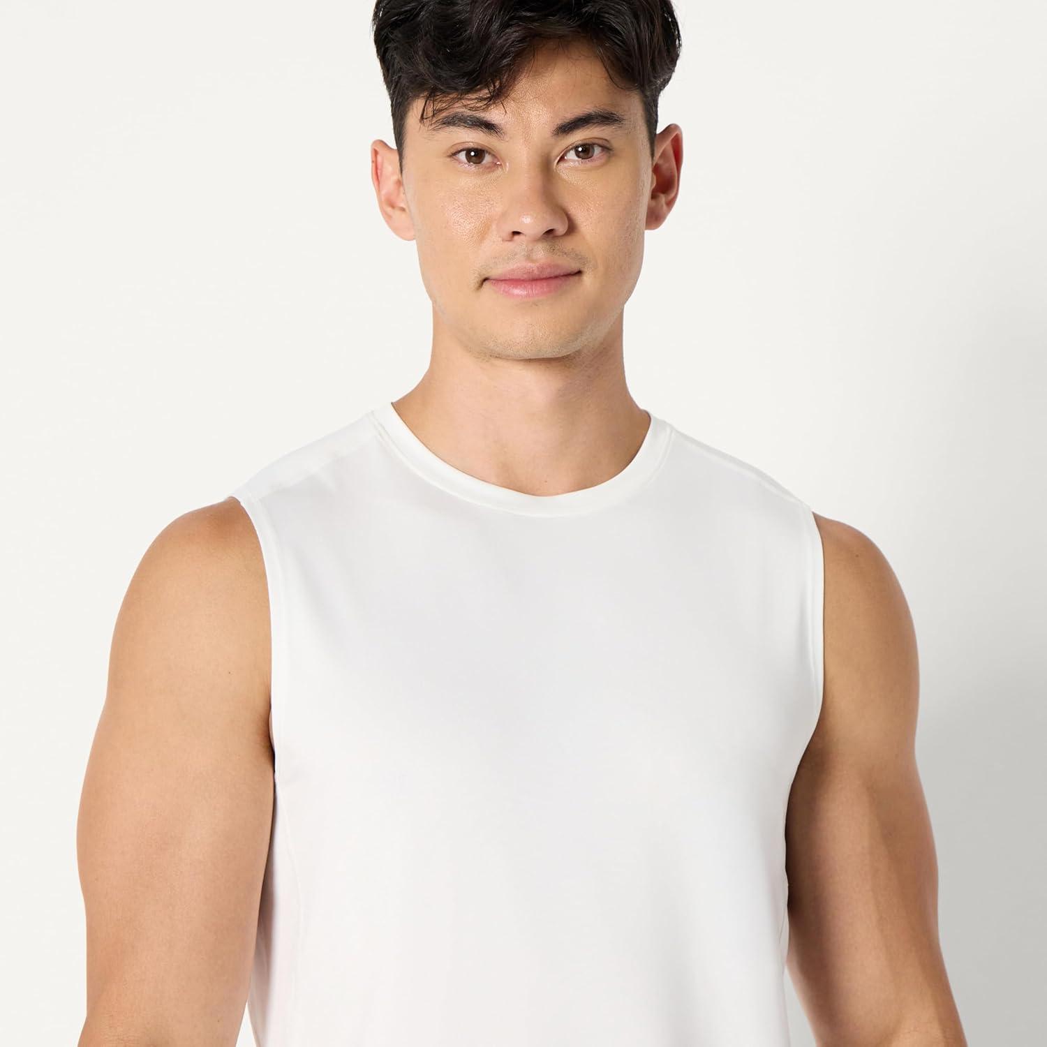 imageAmazon Essentials Mens Active Quick Dry Tech Stretch Lightweight Sleeveless Muscle Shirt MultipacksWhite
