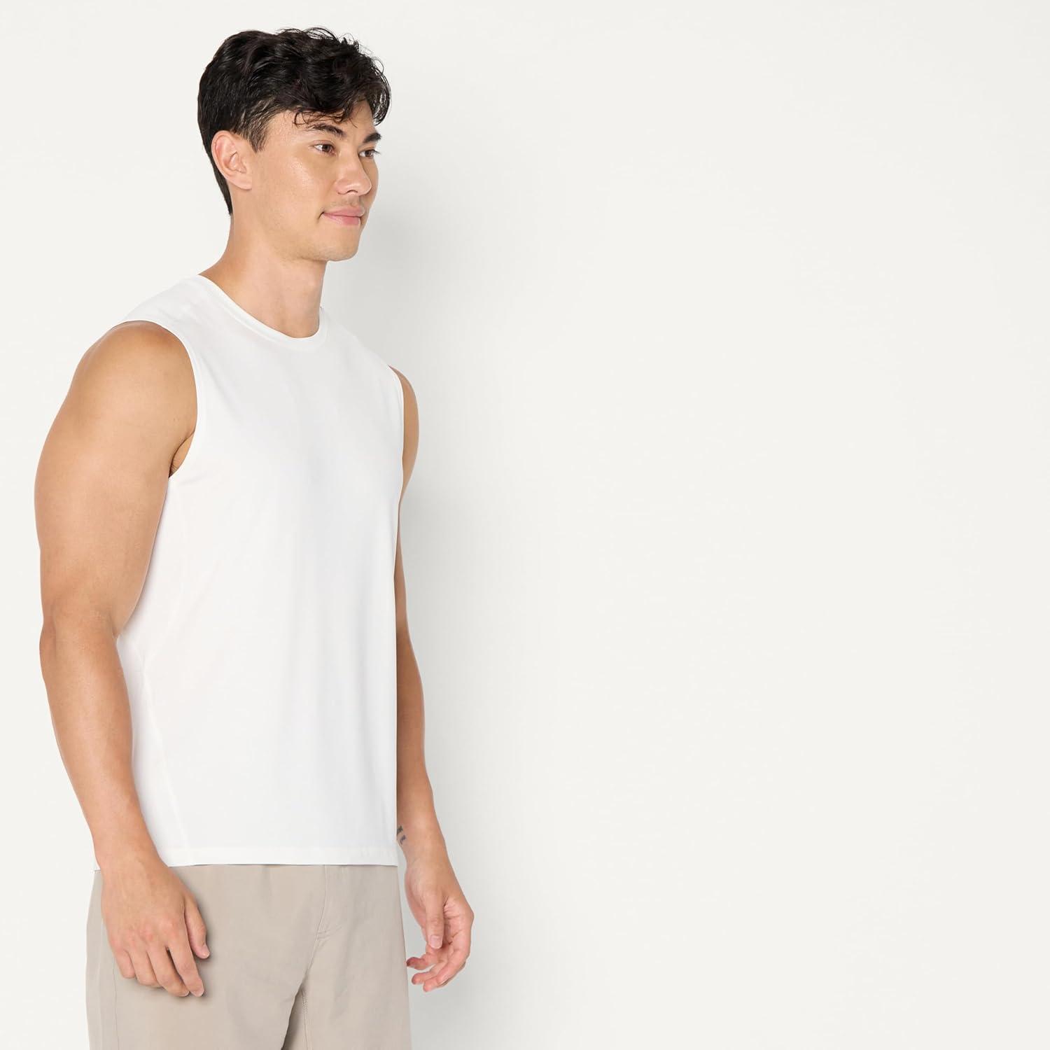imageAmazon Essentials Mens Active Quick Dry Tech Stretch Lightweight Sleeveless Muscle Shirt MultipacksWhite