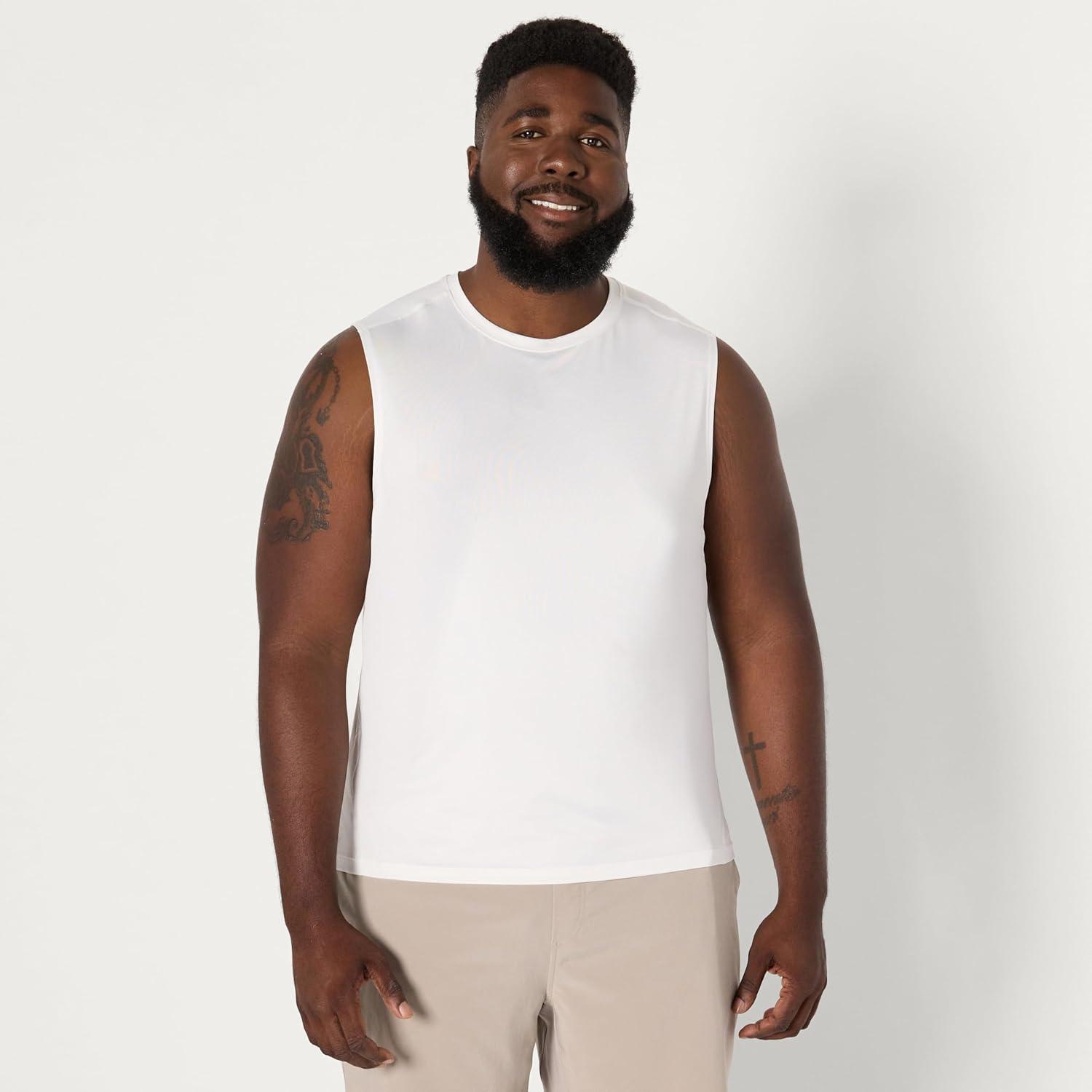 imageAmazon Essentials Mens Active Quick Dry Tech Stretch Lightweight Sleeveless Muscle Shirt MultipacksWhite