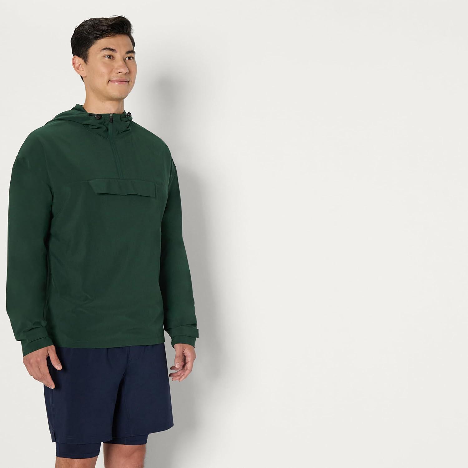 imageAmazon Essentials Mens Athletic Lightweight Stretch Woven Colorblock Anorak Hiking Running JacketDark Green