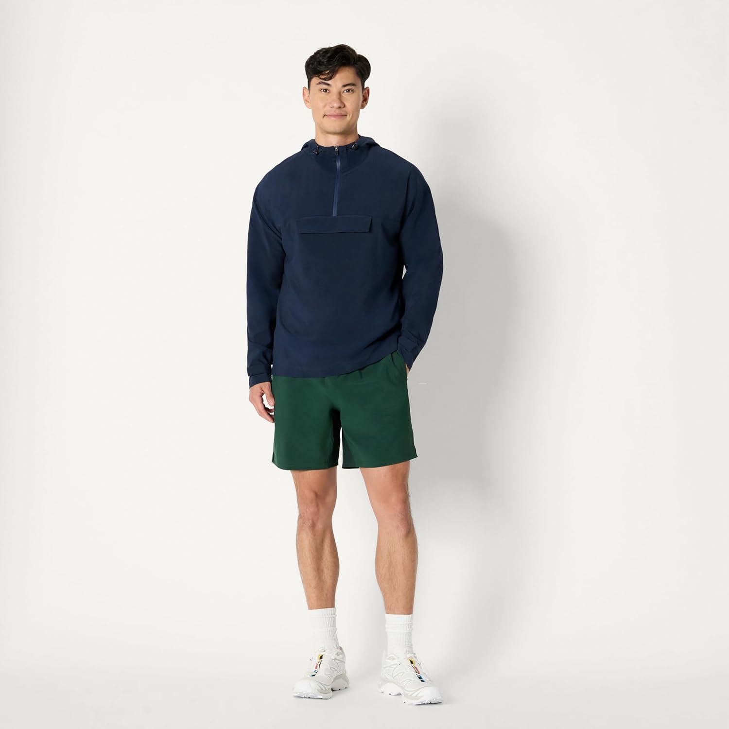 imageAmazon Essentials Mens Athletic Lightweight Stretch Woven Colorblock Anorak Hiking Running JacketNavy