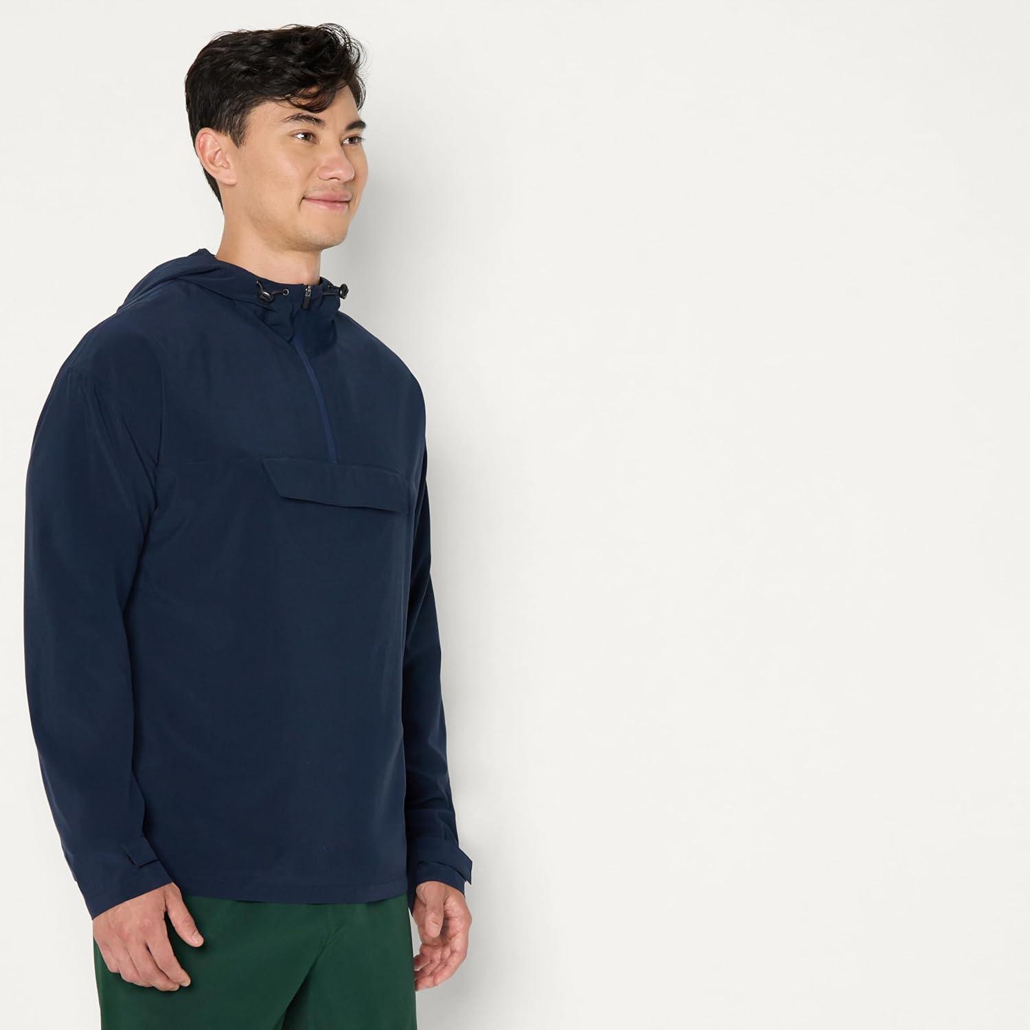 imageAmazon Essentials Mens Athletic Lightweight Stretch Woven Colorblock Anorak Hiking Running JacketNavy