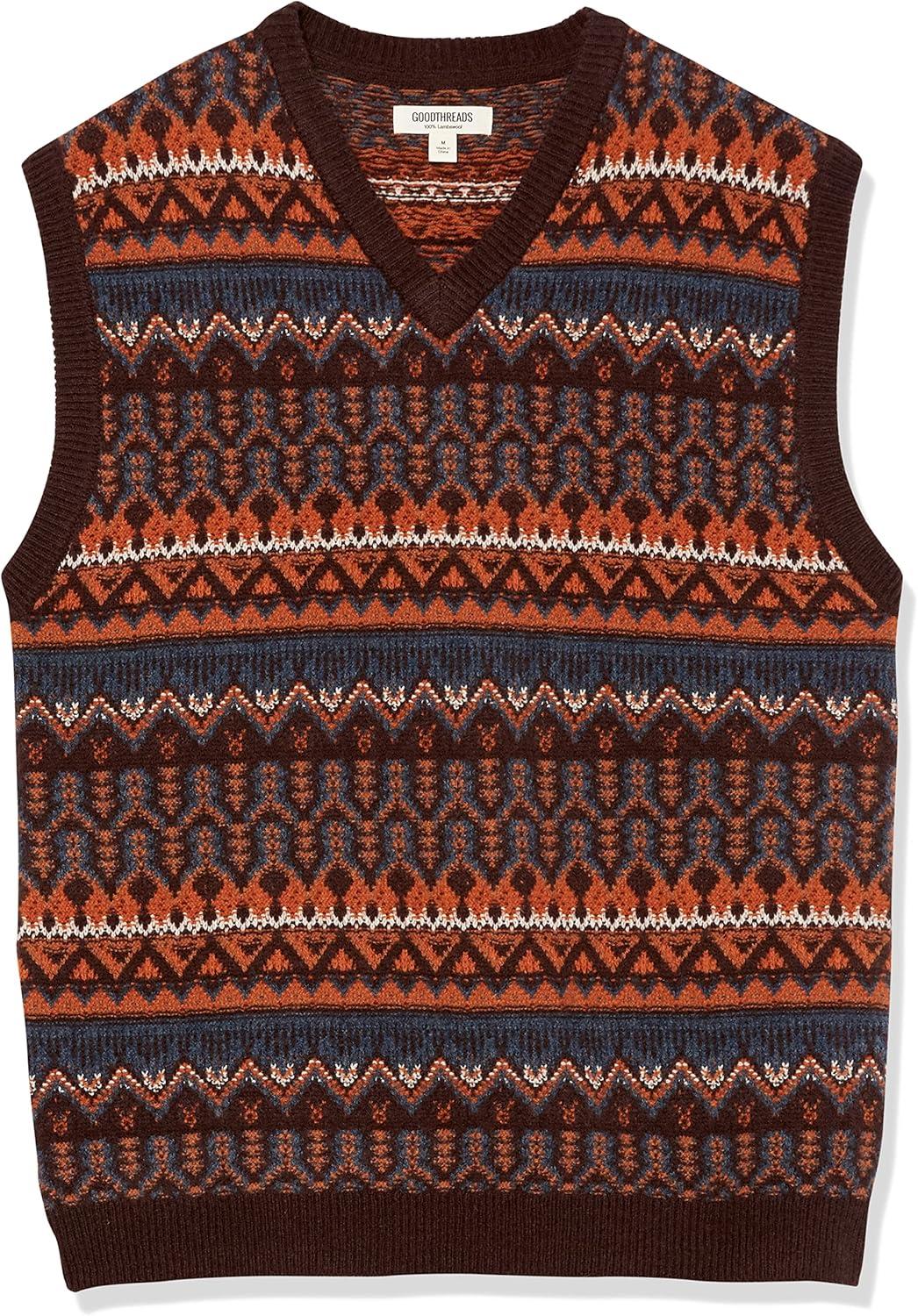 imageAmazon Essentials Mens Lambs Wool Sweater Vest Previously GoodthreadsDeep Brown Fair Isle