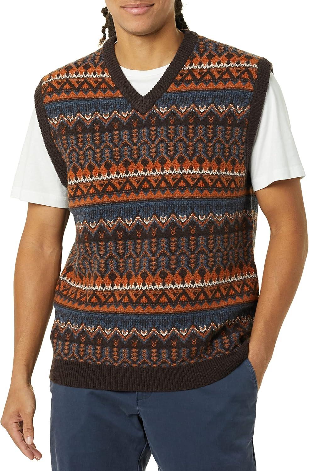 imageAmazon Essentials Mens Lambs Wool Sweater Vest Previously GoodthreadsDeep Brown Fair Isle