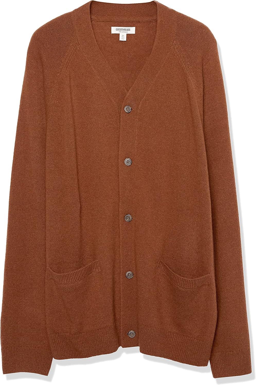 imageAmazon Essentials Mens Lambs Wool VNeck Cardigan Sweater with Pockets Previously GoodthreadsBrown