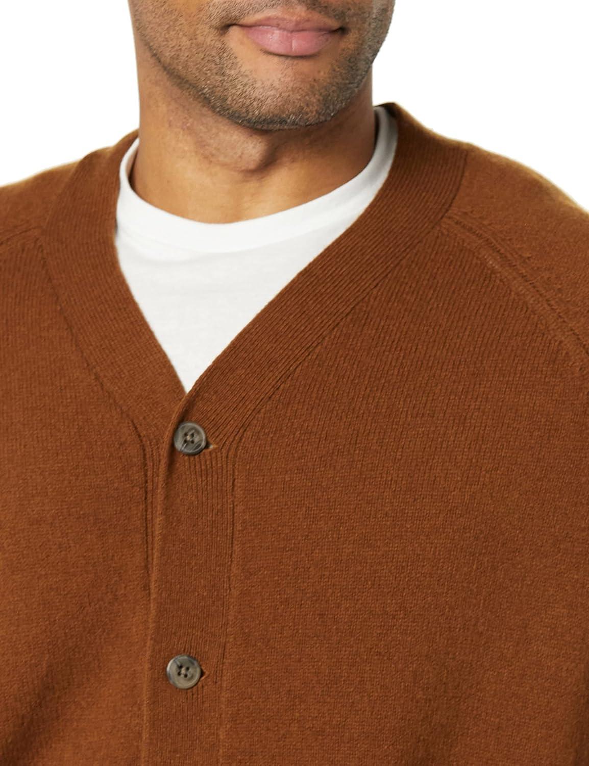 imageAmazon Essentials Mens Lambs Wool VNeck Cardigan Sweater with Pockets Previously GoodthreadsBrown