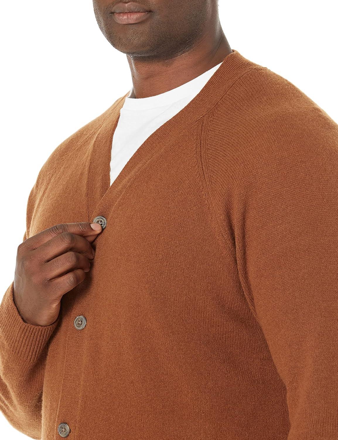 imageAmazon Essentials Mens Lambs Wool VNeck Cardigan Sweater with Pockets Previously GoodthreadsBrown