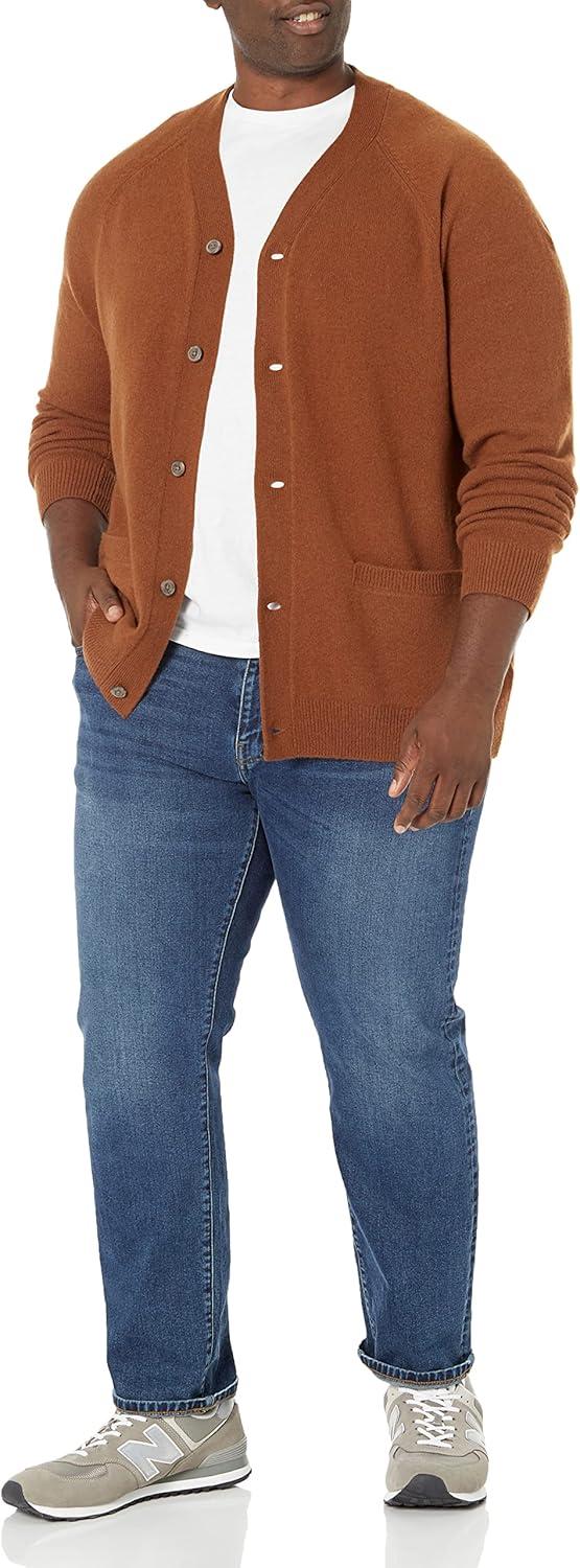 imageAmazon Essentials Mens Lambs Wool VNeck Cardigan Sweater with Pockets Previously GoodthreadsBrown