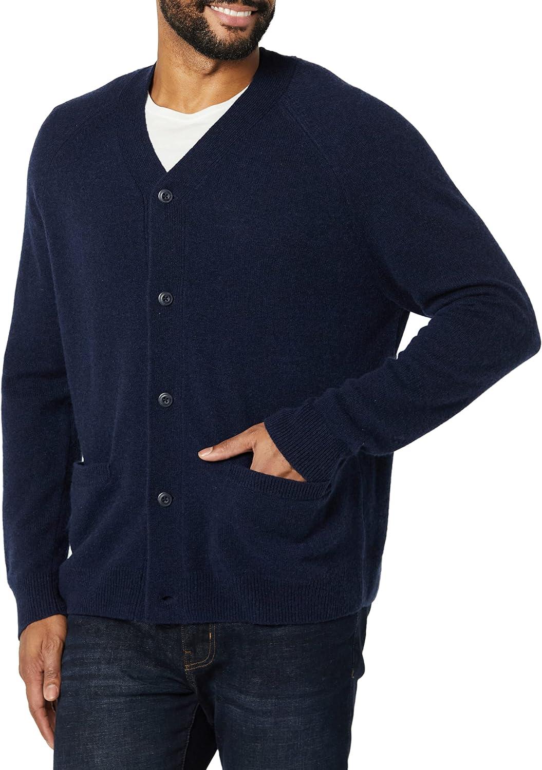 imageAmazon Essentials Mens Lambs Wool VNeck Cardigan Sweater with Pockets Previously GoodthreadsDark Navy